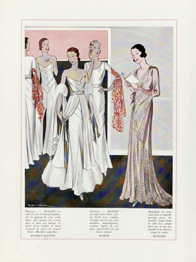 Diseño para vestidos de noche por Depouy-Magnin, Worth y Redfern, pub. 1931 litografía en color de French School