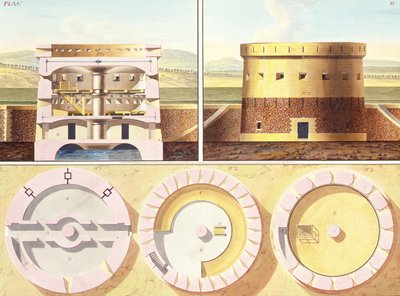 Diseño para una Fortificación en las Afueras de París - Vista en Perspectiva, Sección y Tres Planos del Piso de la Torre Central, c.1813 de French School