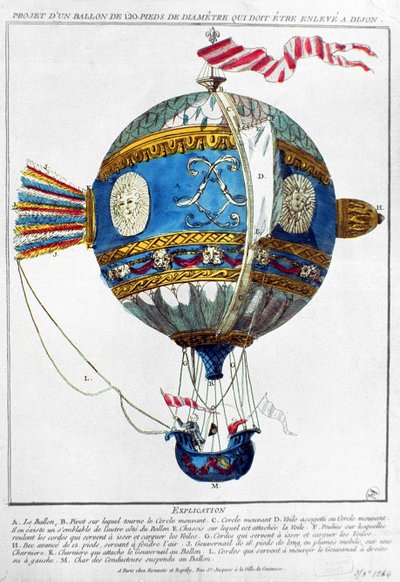 Diseño para un globo aerostático con un diámetro de 120 pies para despegar en Dijon, c.1784 de French School