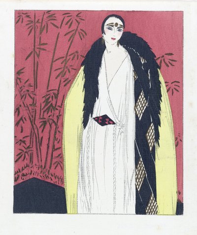 Diseño de vestido de noche con capa de piel, pub. 1924 (estampado pochoir) de French School