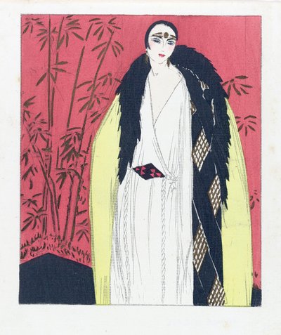 Diseño para un vestido de noche con capa de piel, pub. 1924 impresión pochoir de French School