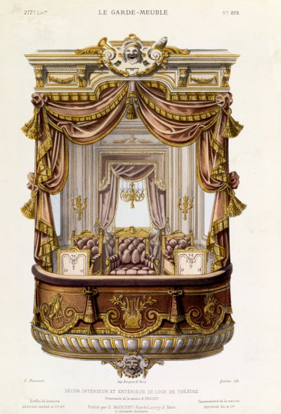 Diseño para el interior y exterior de una caja de teatro, ilustración de la revista Le Garde-Meuble, c.1860 de French School