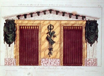 Diseño para la fachada de una carnicería, de una serie que representa los edificios comerciales mejor decorados de París, c.1810 de French School