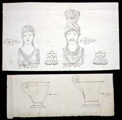 Diseños para monturas de muebles de bronce dorado y tazas de porcelana del Imperio Francés, c.1820 de French School