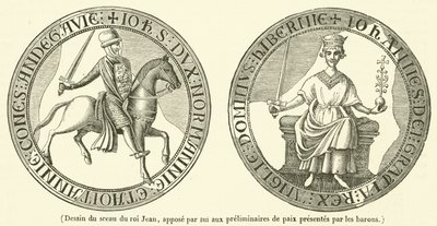 Dibujo del sello del rey Juan, puesto por él en los preliminares de paz presentados por los barones (grabado) de French School