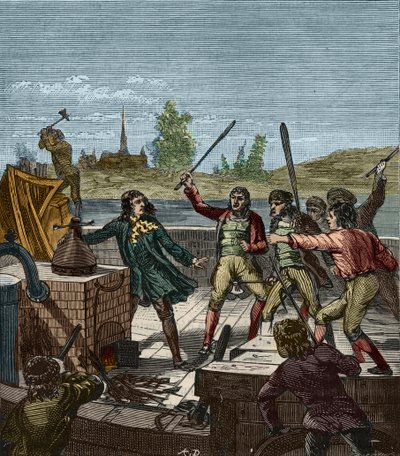 Destrucción del barco de vapor de Papin - Denis Papin (1647-1712) viendo su barco de vapor destruido por los barqueros de Muenden en 1707 - Grabado en “Ciencias al alcance de todos de French School