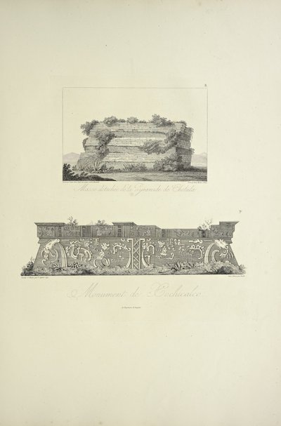Masa desprendida de la Pirámide de Cholula y Monumento de Xochicalco, ilustración de 