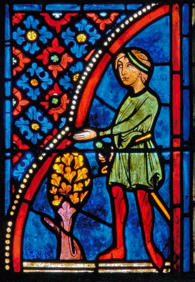 (detalle) de una ventana que representa escenas de la vida de Santa María la Egipcia de French School