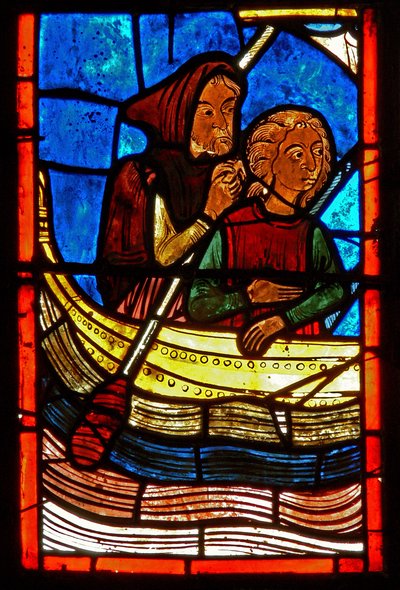 (detalle) de una ventana que representa escenas de la vida de Santa María la Egipcia de French School