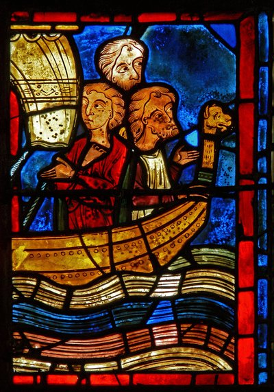 (detalle) de una ventana que representa escenas de la vida de Santa María la Egipcia de French School
