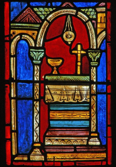 (detalle) de una ventana que representa escenas de la vida de Santa María la Egipcia de French School