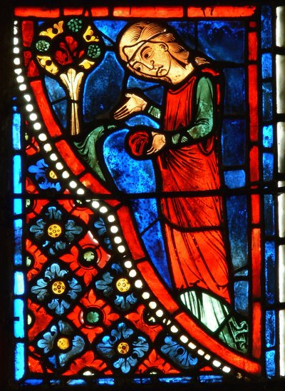 (detalle) de una ventana que representa escenas de la vida de Santa María la Egipcia de French School