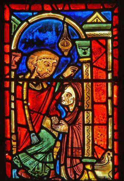 (detalle) de una ventana que representa escenas de la vida de Santa María la Egipcia de French School
