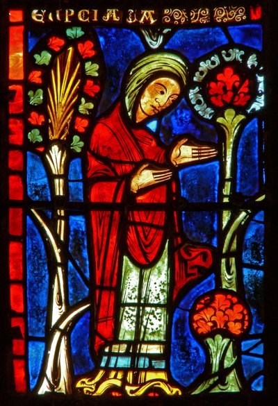 (detalle) de una ventana que representa escenas de la vida de Santa María la Egipcia de French School