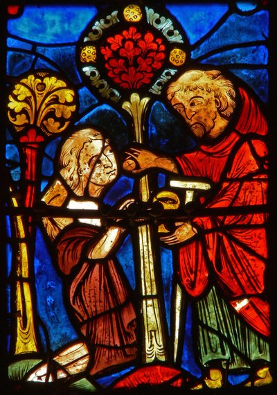 (detalle) de una ventana que representa escenas de la vida de Santa María la Egipcia de French School