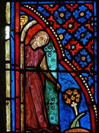 (detalle) de una ventana que representa escenas de la vida de Santa María la Egipcia de French School