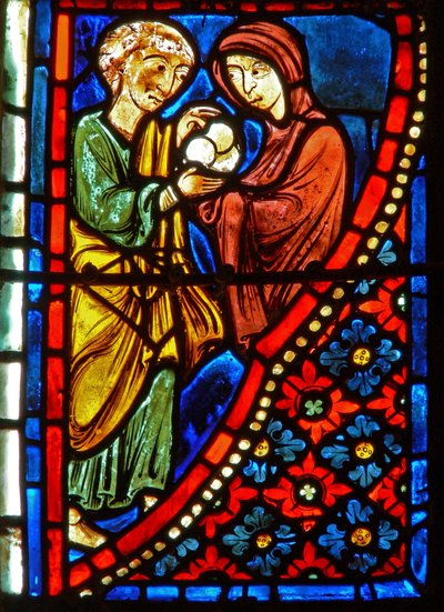 (detalle) de una ventana que representa escenas de la vida de Santa María la Egipcia de French School