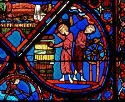 (detalle) de una ventana que representa escenas de la historia de José de French School
