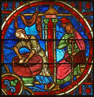 (detalle) de una ventana que representa la Natividad de French School