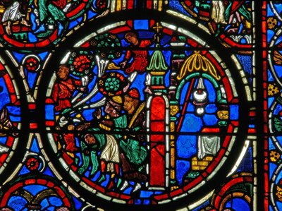 (detalle) de una ventana que representa la Pasión: Cristo siendo recibido en su entrada a Jerusalén de French School