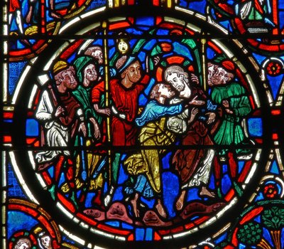 (detalle) de una ventana que representa la Pasión: la traición de Judas de French School