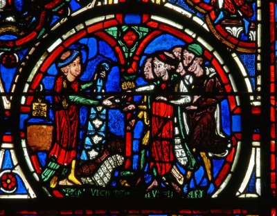 (detalle) de una ventana que representa la Pasión: donantes y los peleteros de French School