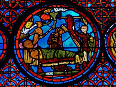 (detalle) de una ventana que representa la parábola de Lázaro y el rico de French School