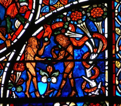 (detalle) de la parábola del Buen Samaritano: Adán y Eva siendo tentados por la Serpiente de French School