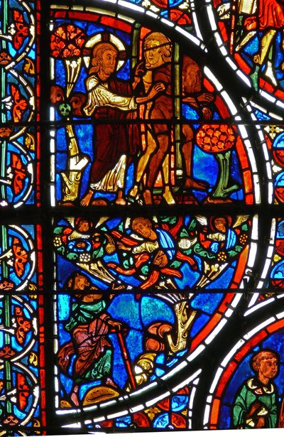 (detalle) de la parábola del Buen Samaritano: Dios expulsa a Adán y Eva del Jardín del Edén de French School