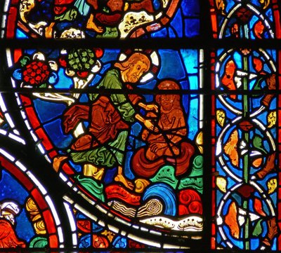 (detalle) de la parábola del Buen Samaritano: Dios crea al hombre del barro de French School