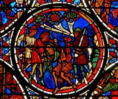 (detalle) de la parábola del Buen Samaritano: la ropa del hombre es robada de French School