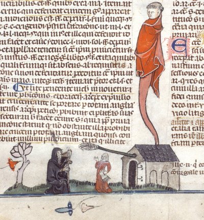 Detalle de la escena de un ermitaño sentado frente a una taberna bebiendo cerveza, c.1300-40 (tinta sobre pergamino) de French School