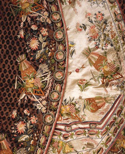 (detalle) de un magnífico traje de terciopelo marrón cortado, compuesto por abrigo, calzones y cintura de satén marfil bordado en conjunto, c.1760 de French School