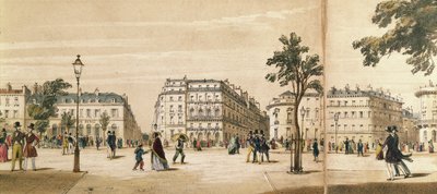 Detalle de un panorama del Boulevard des Italiens, c.1840 (litografía en color) de French School