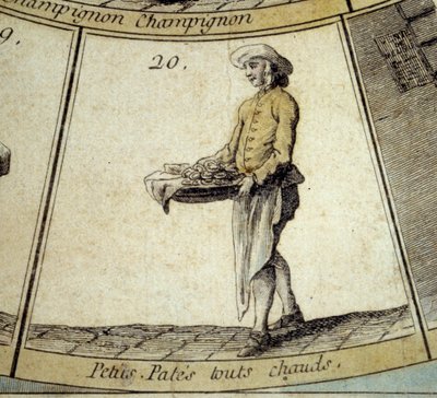 Detalle del juego de la Oca de los Gritos de París: comerciante de pasta caliente. Grabado del siglo XVIII. Coll. Salida de French School