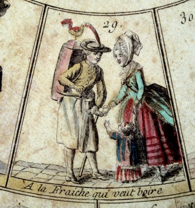 Detalle del juego de la Oca de los Gritos de París: la lechera y el aguador. Grabado del siglo XVIII. Coll. Salida de French School