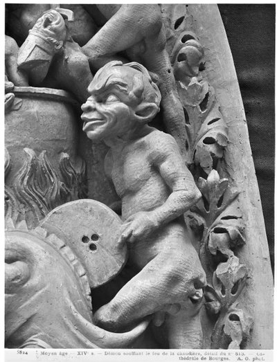 Diablo avivando el fuego, del Juicio Final de la Catedral de St. Etienne en Bourges (detalle) de French School