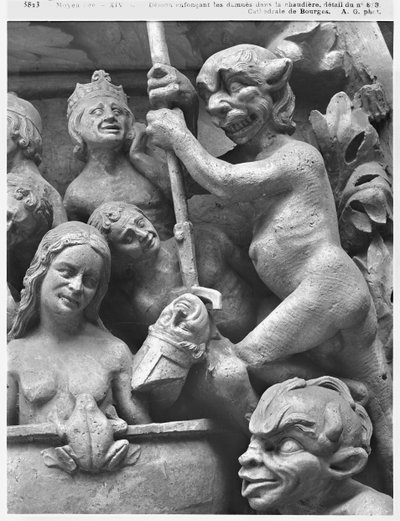Diablo empujando a un obispo al fuego, del Juicio Final de la Catedral de St. Etienne en Bourges (detalle) de French School