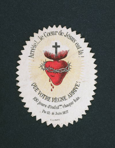 Imagen devocional del Corazón de Jesús ofreciendo una indulgencia de 100 días de French School