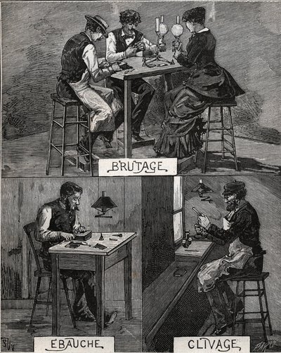 Corte de diamantes, sonido, bruto y clivaje. Grabado de 1885 en “Les arts et metiers illustres” por Adolphe BITARD. de French School