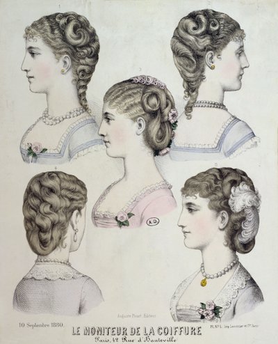 Diferentes peinados, placa de Le Moniteur de la Coiffure, 1880 de French School