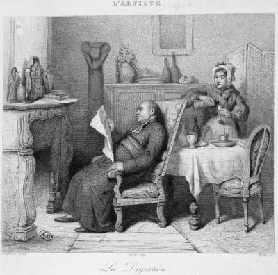 Digestión: sacerdote leyendo su diario frente a la chimenea mientras su criada le sirve un digestivo - grabado de French School