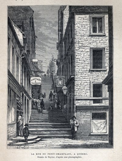 Descubre Canadá: Rue du Peute Champlain (Petity-Champlain) en Quebec. Dibujo de Taylor a partir de una fotografía. Grabado de finales del siglo XIX en "La nouvelle France" de Eugene Guenin. de French School