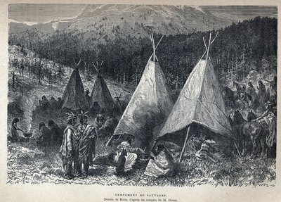 Descubrimiento de Canadá: Campamento de indios americanos con tipis. Dibujo de Riou a partir de un boceto de Dixon. Grabado de finales del siglo XIX en "La nouvelle France" de Eugene Guenin. de French School