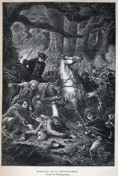 Descubrimiento de Canadá: Batalla de Monongahela en 1755 durante la Guerra de los Siete Años. Dibujo de Philippoteaux. Grabado de finales del siglo XIX en "La nouvelle France" de Eugene Guenin. de French School