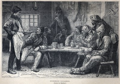 Descubre Canadá: Leñadores canadienses. Dibujo de Maillard. Grabado de finales del siglo XIX en "La nouvelle France" de Eugene Guenin. de French School