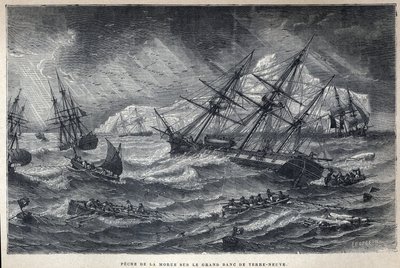 Descubrimiento de Canadá: Pesca de bacalao en el Gran Banco de Terranova, Terranova. Grabado de finales del siglo XIX en "La nouvelle France" de Eugene Guenin. de French School