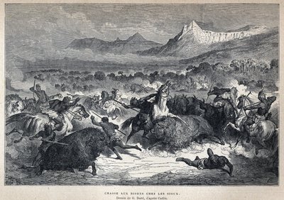 Descubrimiento de Canadá: Caza de bisontes sioux. Dibujo de Gustave Dore después de Catlin. Grabado de finales del siglo XIX en "La nouvelle France" de Eugene Guenin. de French School