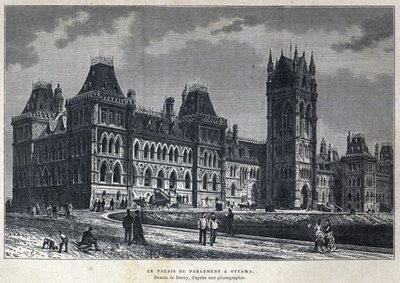 Descubrir Canadá: El Palacio del Parlamento en Ottawa. Dibujo de Deroy a partir de una fotografía. Grabado de finales del siglo XIX en 