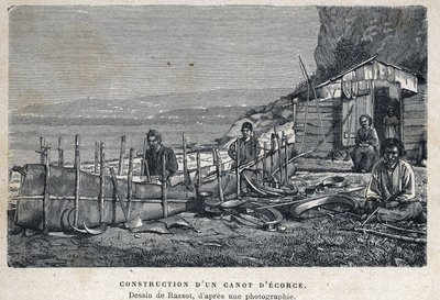 Descubrimiento de Canadá: construcción de una canoa de corteza. Dibujo de Bassot después de una fotografía. Grabado de finales del siglo XIX en "La nouvelle France" de Eugene Guenin. de French School